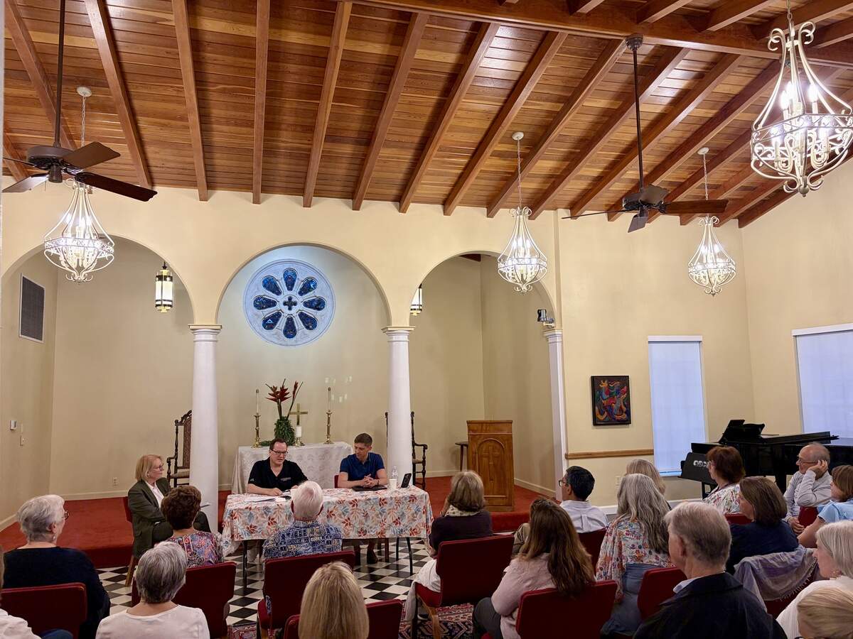 Pastor Laurie Hafner (left), University of Miami political science professor Dr. Greg Koger and Rev. Brandan Robertson (right) discuss the threat of the Christian nationalism movement at Coral Gables Congregational United Church of Christ.