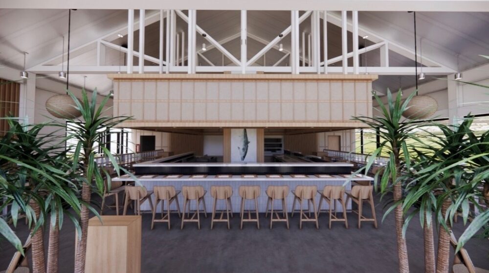 Evening rendering of Kingfish at Rome Collective, showing the illuminated sushi bar, warm lighting and contemporary Japanese-inspired interior.