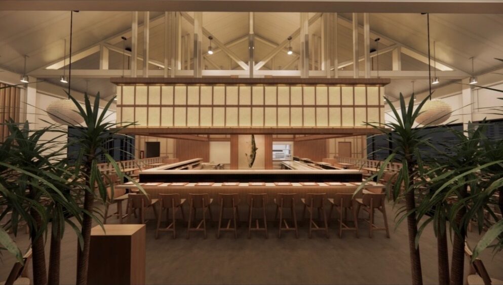 Rendering of Kingfish, a planned Japanese restaurant at Rome Collective in Tampa, featuring a central sushi bar, natural wood finishes and vaulted ceilings.