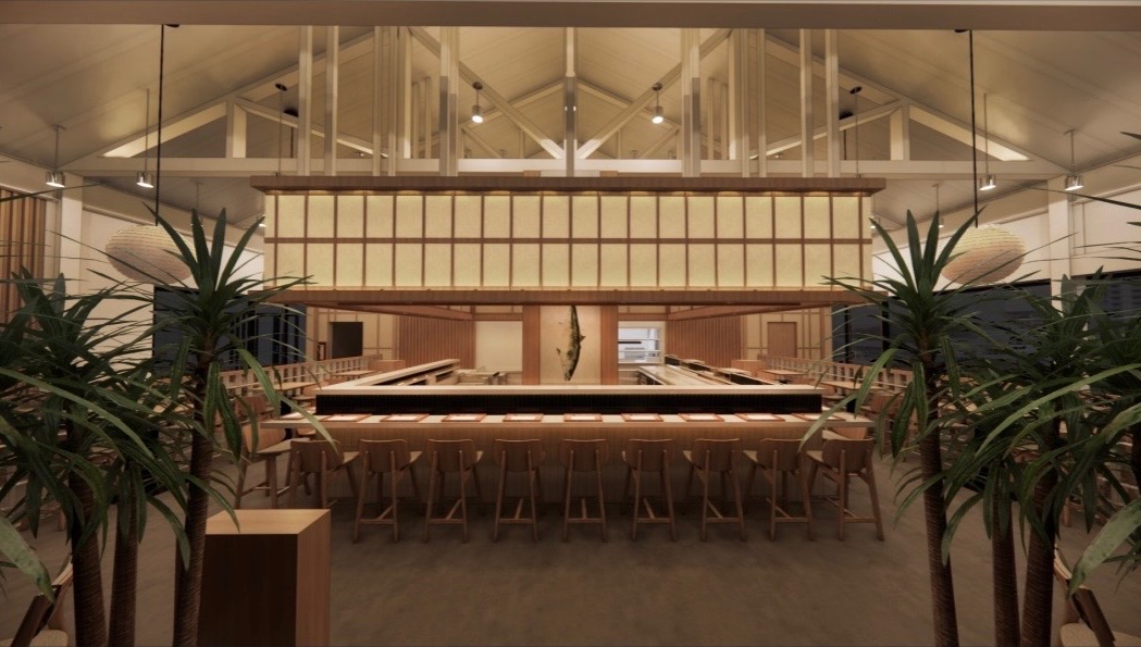 Rendering of Kingfish, a planned Japanese restaurant at Rome Collective in Tampa, featuring a central sushi bar, natural wood finishes and vaulted ceilings.