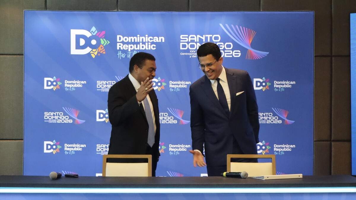 José Monegro, left, president of the Santo Domingo 2026 Organizing Committee, and Dominican Republic Tourism Minister David Collado share a laugh during a news conference promoting the 2026 Central American and Caribbean Games in Miami on Thursday, July 9, 2026. José Monegro, left, president of the Santo Domingo 2026 Organizing Committee, and Dominican Republic Tourism Minister David Collado share a laugh during a news conference promoting the 2026 Central American and Caribbean Games in Miami on Thursday, July 9, 2026.