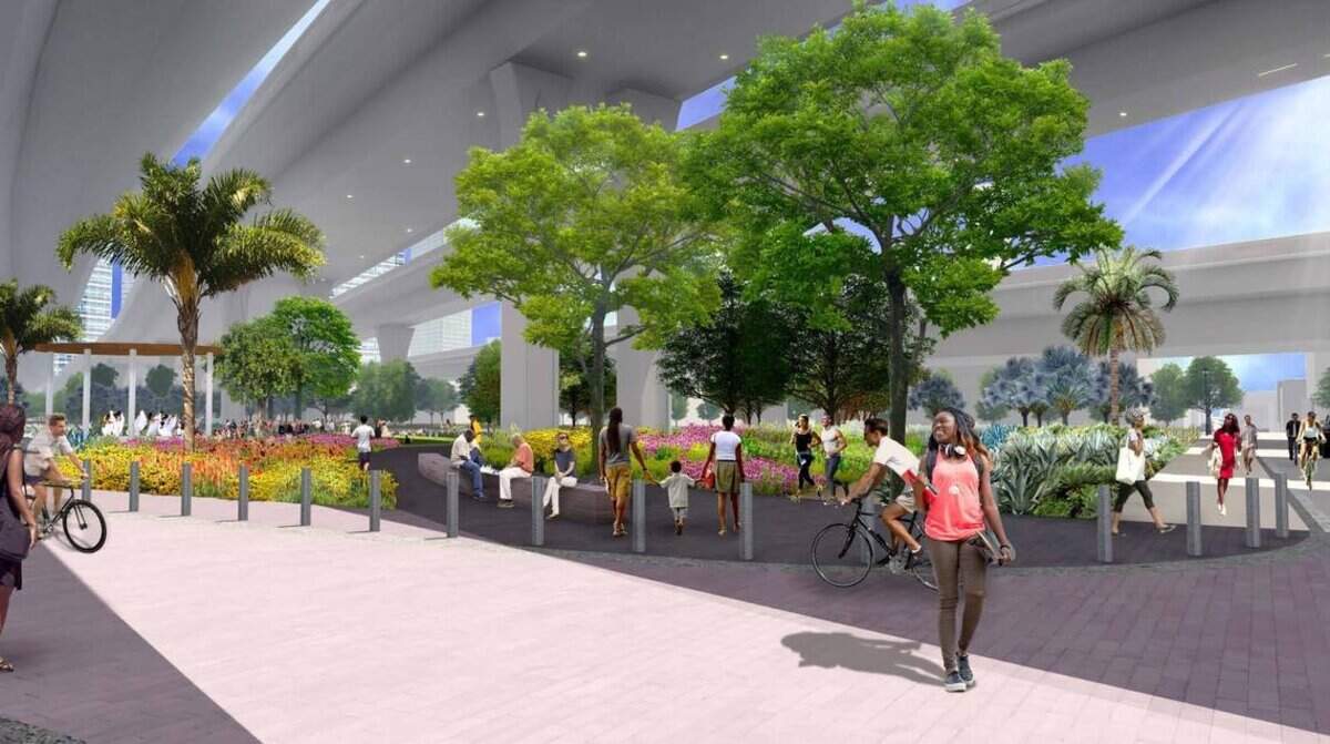 A rendering of the Rev. Edward T. Graham Heritage Trail, formerly known as the Underdeck, a proposed urban park in Overtown.