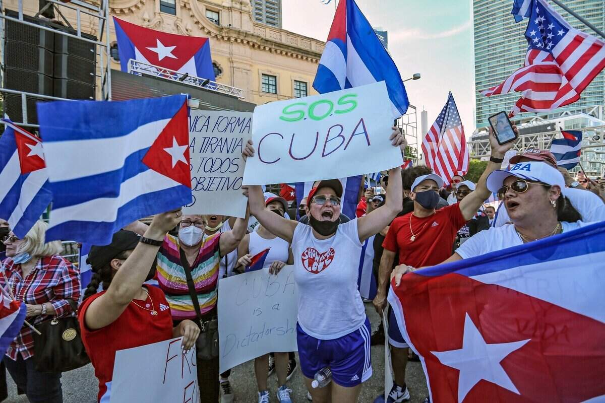 Protest gather during Rally for Democracy in Cuba at Miami Dade College's Freedom Tower, in Miami on Saturday, July 17, 2021.