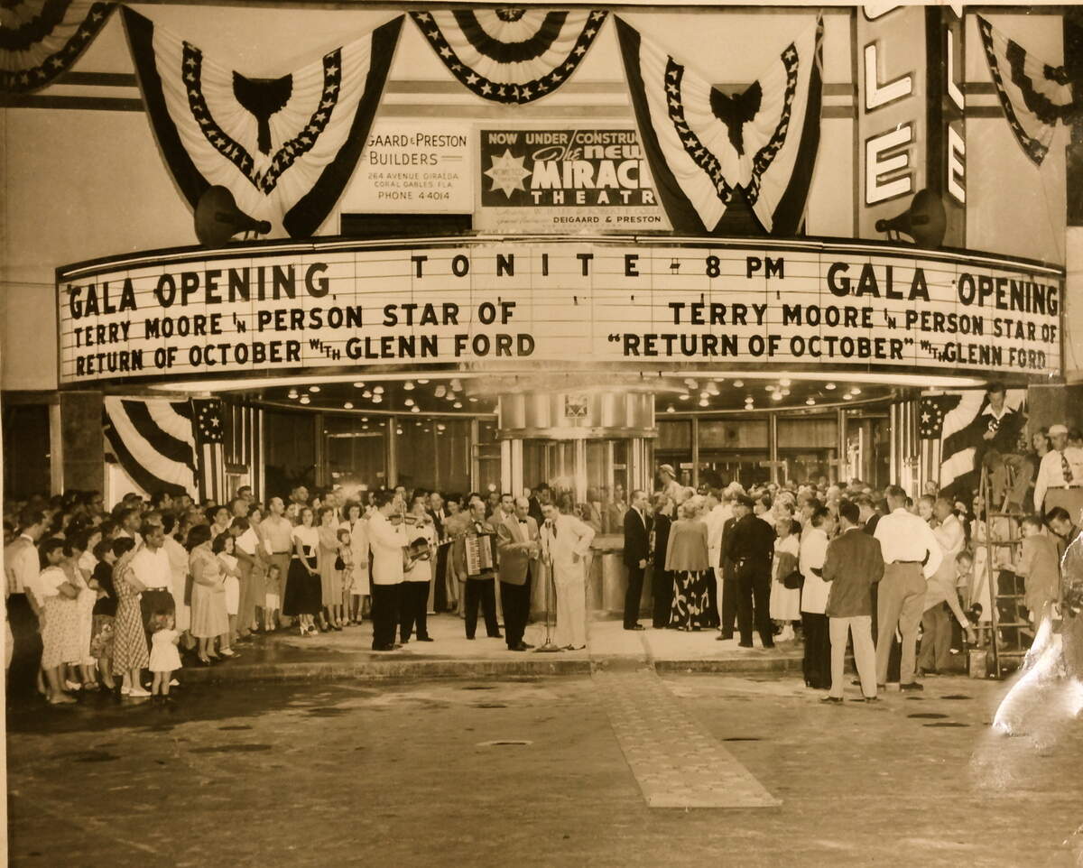 The Miracle Theatre on Miracle Mile in Coral Gables opened on Dec. 7, 1948, with the Glenn Ford American comedy film, ‘The Return of October’ on its marquee. For the opening gala, Ford’s costar in the film, Terry Moore, appeared in person at the Miracle in a Hollywood-styled opening night celebration.