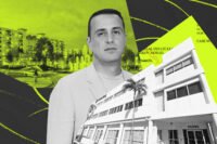 BH Group's Isaac Toledano with rendering of Southplace City Center project and streetview of 20295 Northeast 29th Place
