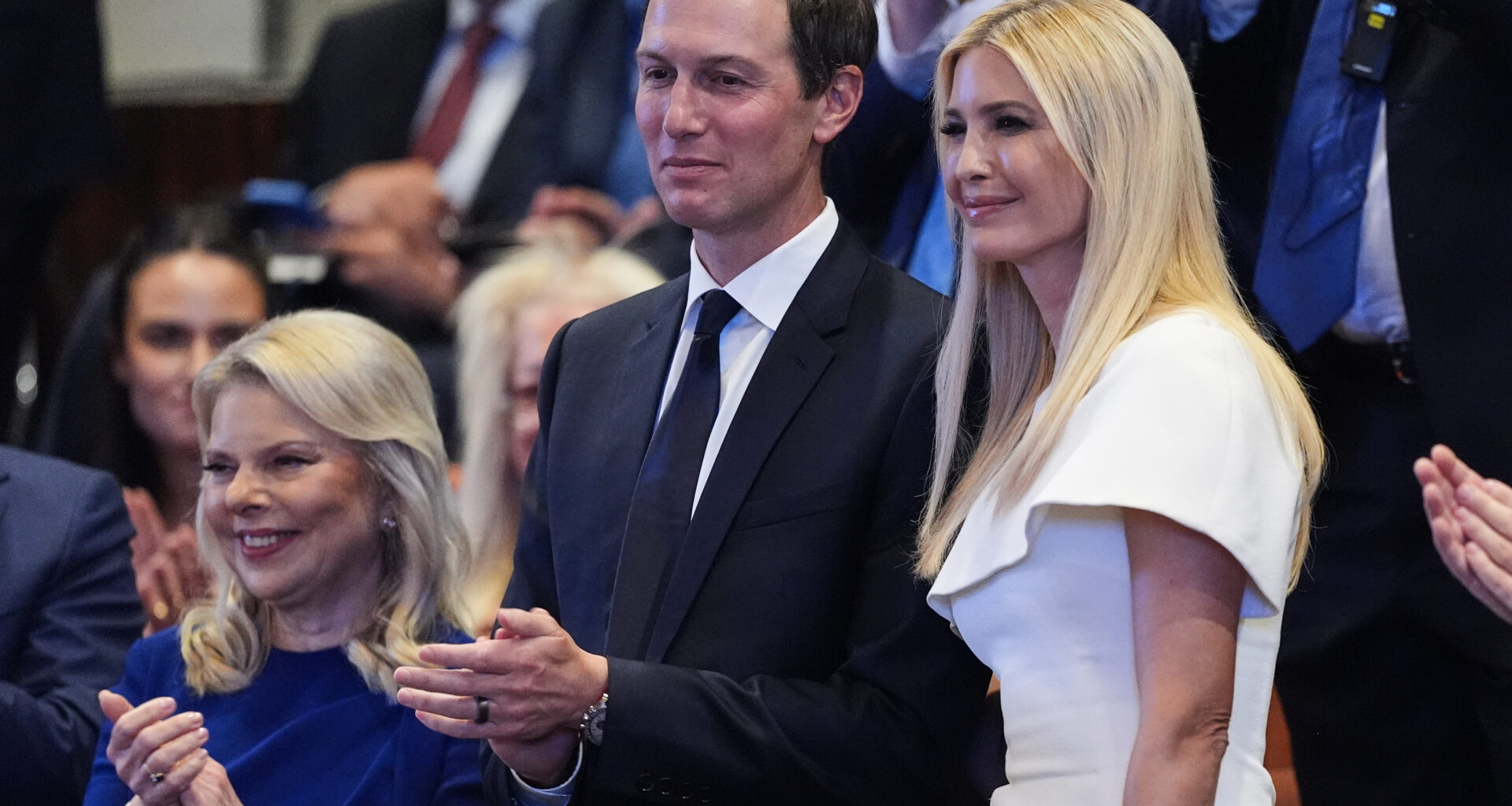 Jared Kushner and Ivanka Trump are recognized by President Donald Trump as he speaks in the Knesset, Israel's parliament, on October 13, 2025 in Jerusalem. President Trump is visiting the country hours after Hamas released the remaining Israeli hostages captured on Oct. 7, 2023, part of a US-brokered ceasefire deal to end the war in Gaza.