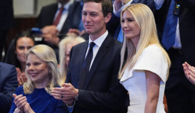 Jared Kushner and Ivanka Trump are recognized by President Donald Trump as he speaks in the Knesset, Israel's parliament, on October 13, 2025 in Jerusalem. President Trump is visiting the country hours after Hamas released the remaining Israeli hostages captured on Oct. 7, 2023, part of a US-brokered ceasefire deal to end the war in Gaza.