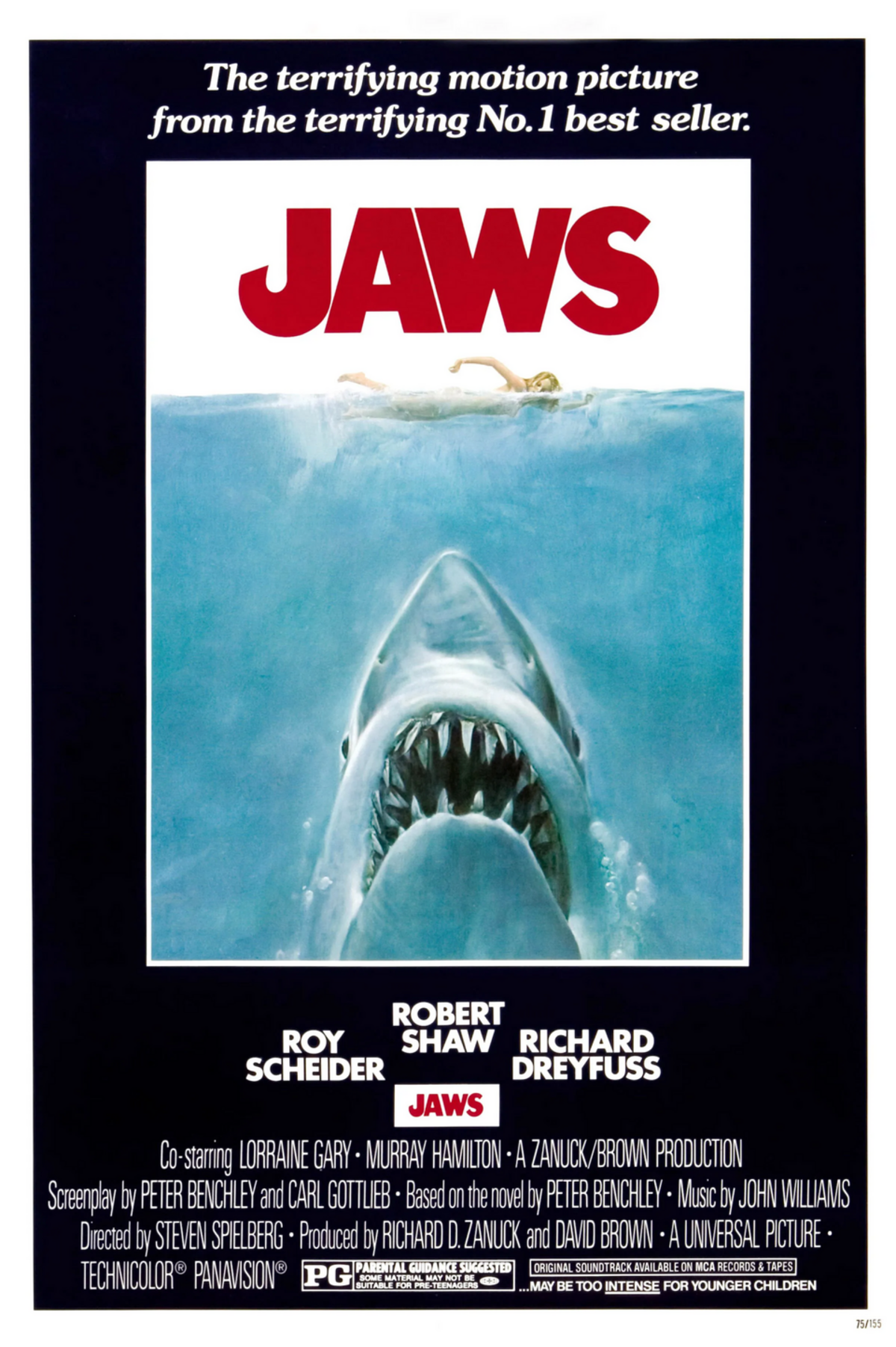 The 1975 movie poster for “Jaws” with one of its memorable taglines, “The terrifying motion picture from the terrifying No. 1 best seller.” Posters like this one emblazoned the Miracle Theatre in Coral Gables when the movie had its South Florida debut there on June 20, 1975.