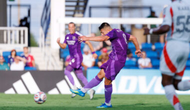Image of Braian Ojeda taking a shot in a friendly against FC Dallas.