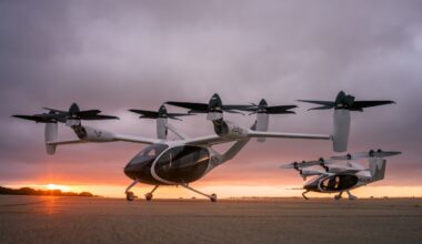 two joby aviation evtols set in front of a sunset
