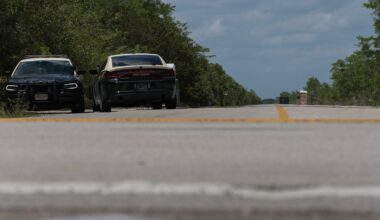 Florida Highway Patrol vehicles, seen at the front entrance to the immigration detention center in the Florida Everglades known as “Alligator Alcatraz” on April 22.