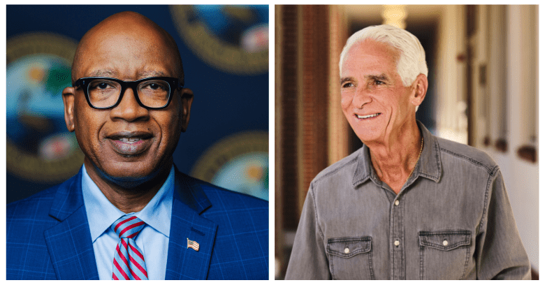 A side-by-side split composite photograph featuring St. Petersburg Mayor Ken Welch on the left and former Florida Governor Charlie Crist on the right. On the left, Mayor Ken Welch is shown in a headshot facing forward with a warm expression, wearing black-framed glasses, a bright blue suit jacket, a light blue collared shirt, and a red-and-blue diagonally striped tie with a small American flag pin on his lapel against an official city seal backdrop. On the right, Charlie Crist appears in a chest-up portrait turned slightly to his right, smiling warmly with white hair, wearing a buttoned grey denim work shirt with two chest flap pockets against a softly blurred indoor hallway background.