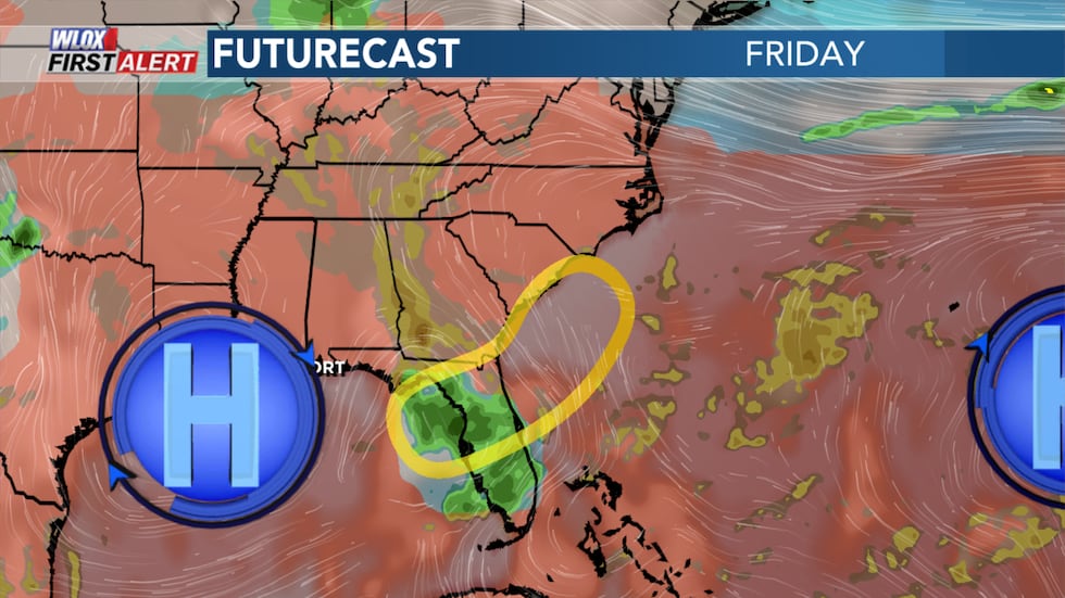 A weakness in the high pressure starts to show up on Friday near Florida