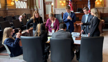 Picture of mock trial participants in a courtroom.