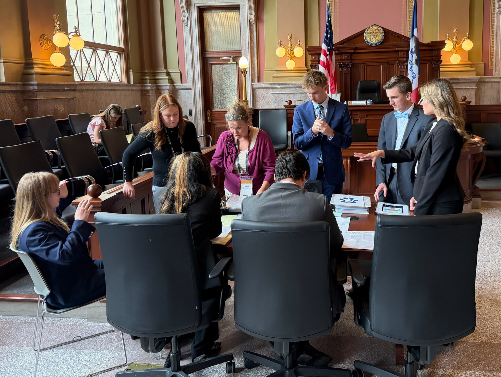 Picture of mock trial participants in a courtroom.