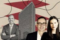 Newgard Development Group's Harvey Hernandez, Kushner’s Laurent Morali and Nicole Kushner Meyer with rendering of Natiivo Fort Lauderdale