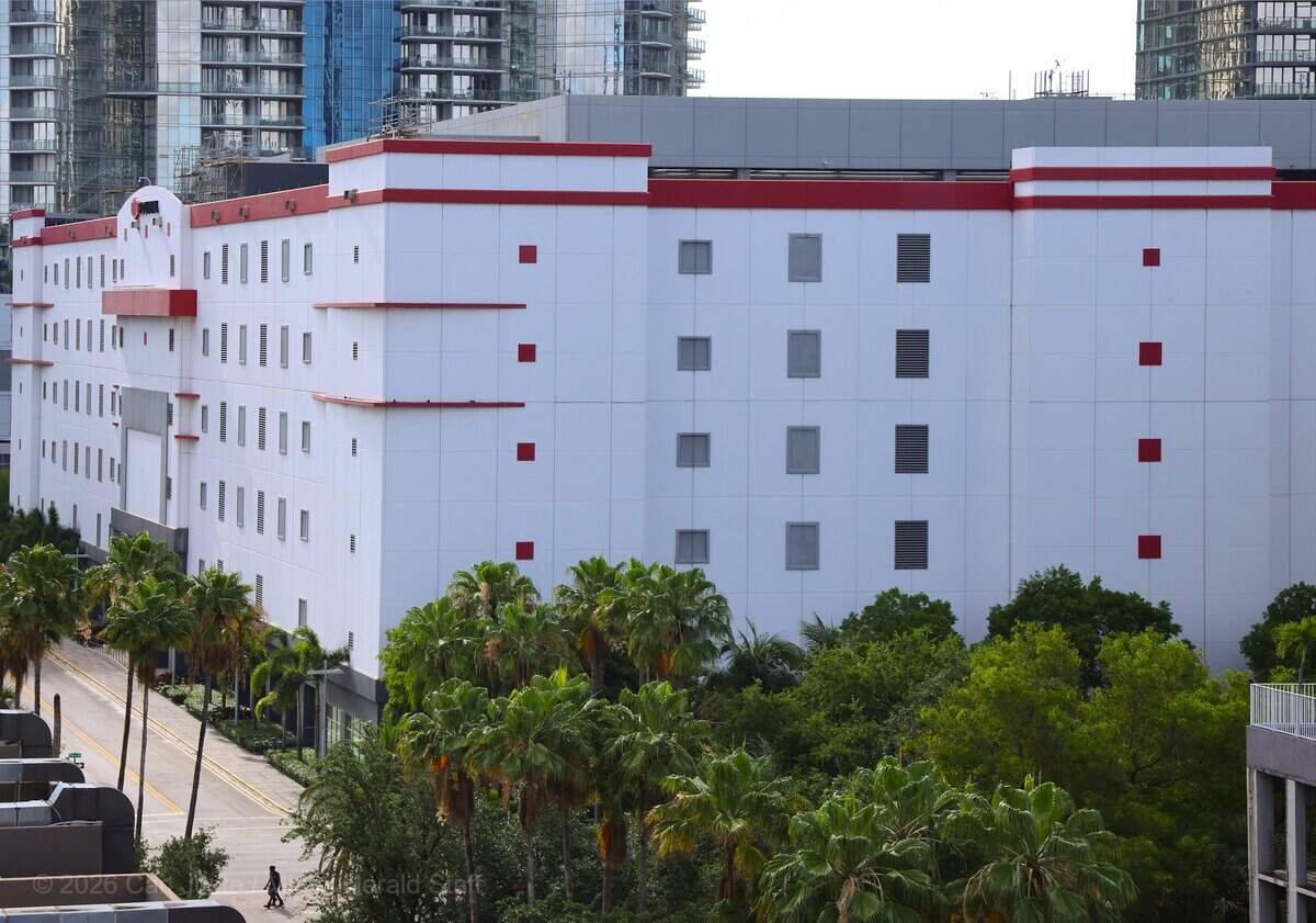 The Equinix Data Center, a major internet and telecommunications hub in Miami once known for its white dome, is seen with its updated exterior following renovations in 2023 and 2024 that included the dome's removal, Thursday, May 14, 2026, in Miami, Fla.