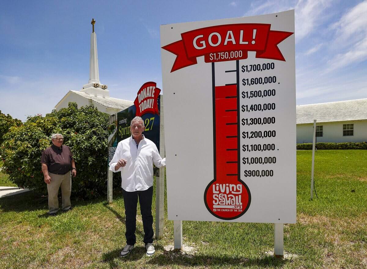 Church By The Sea senior pastor Brian Checchio, left, and treasurer Harry Rozelle, right, are close to reaching their fundraising goal for a new living seawall, Tuesday, July 15, 2026, in Fort Lauderdale, Fla.