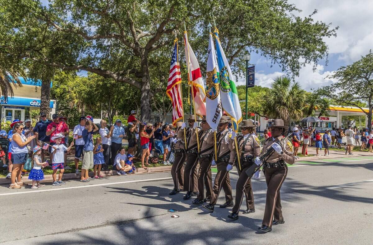 The Miami-Dade Sheriff's Office Honor Guard leads the 67th annual Key Biscayne Fourth of July parade celebrating the America's 250th and the 35th anniversary of the Village's birth as its own municipality, on Saturday, July 04, 2026.