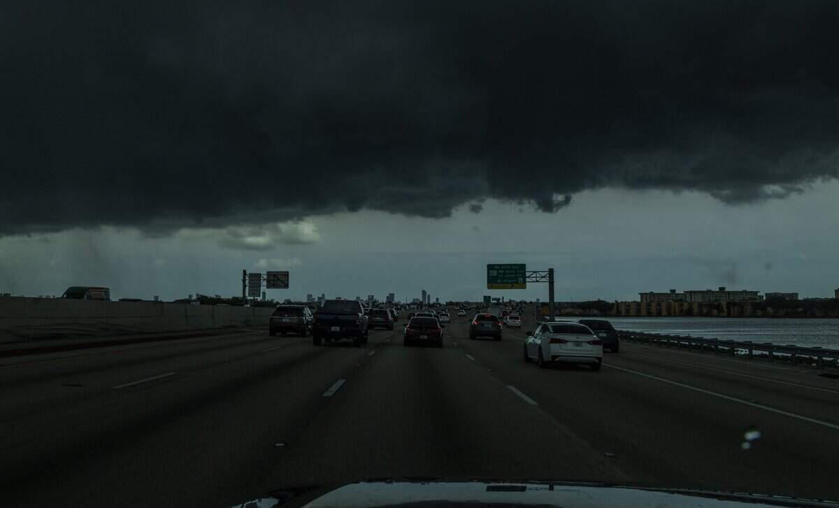 View of heavy clouds over the 836 Dolphin Expressway, as scattered thunderstorms with heavy rain are forecast for Miami on Thursday, July 2, 2026.