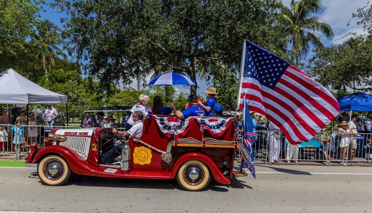 An antique fire truck from the Key Biscayne's fire department paraded during the 67th annual Key Biscayne Fourth of July parade celebrating the America's 250th and the 35th anniversary of the Village's birth as its own municipality, on Saturday, July 04, 2026.