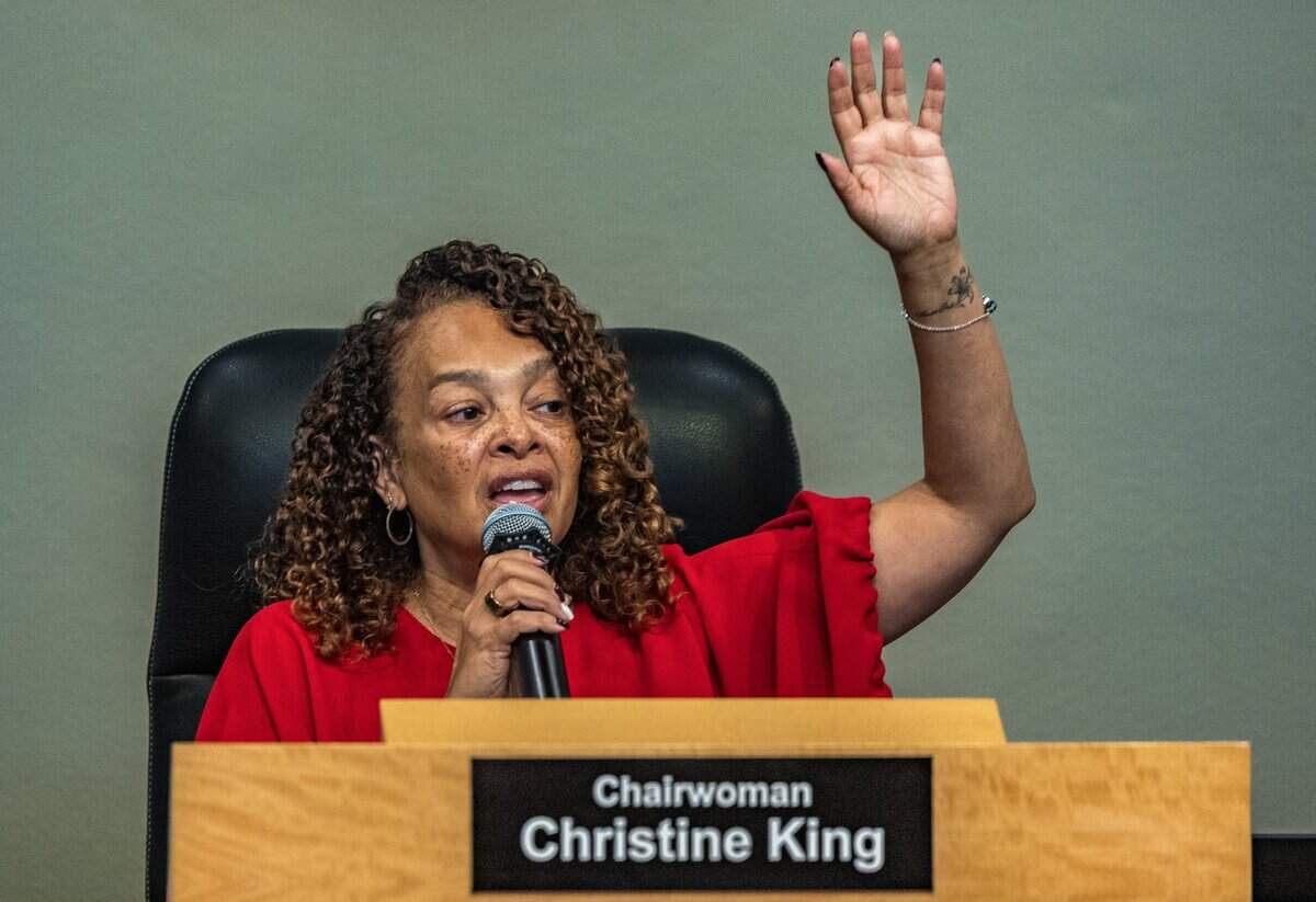 City of Miami Chairwoman Christine King reacts as residents speaks against the 287(g) agreement with ICE that the commission voted in favor to enter into last year, during a Miami City Commission meeting, at City Hall, on Thursday June 25, 2026.