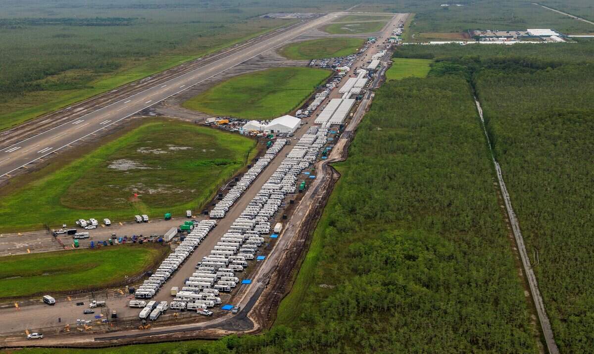 Aerial view of structures at the recently opened migrant detention center, “Alligator Alcatraz,” located at the site of the Dade-Collier Training and Transition Airport in Ochopee, Florida on Friday July 04, 2025.