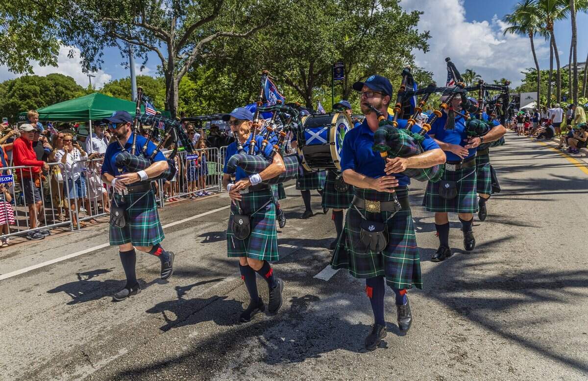 Members of the Saint Andrew's Pipe Band of Miami, marched during the 67th annual Key Biscayne Fourth of July parade celebrating the America's 250th and the 35th anniversary of the Village's birth as its own municipality, on Saturday, July 04, 2026.