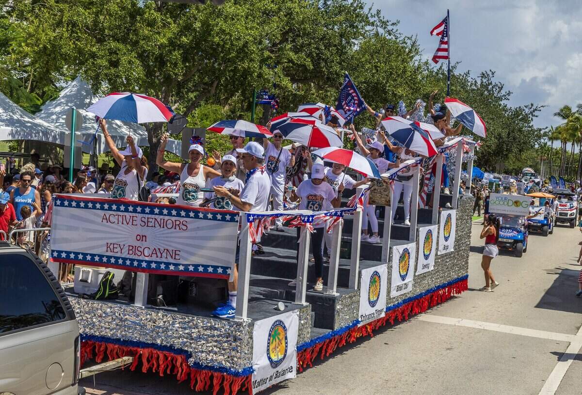 Active seniors of Key Biscayne greeted attendees from a float, during the 67th annual Key Biscayne Fourth of July parade celebrating the America's 250th and the 35th anniversary of the Village's birth as its own municipality, on Saturday, July 04, 2026.