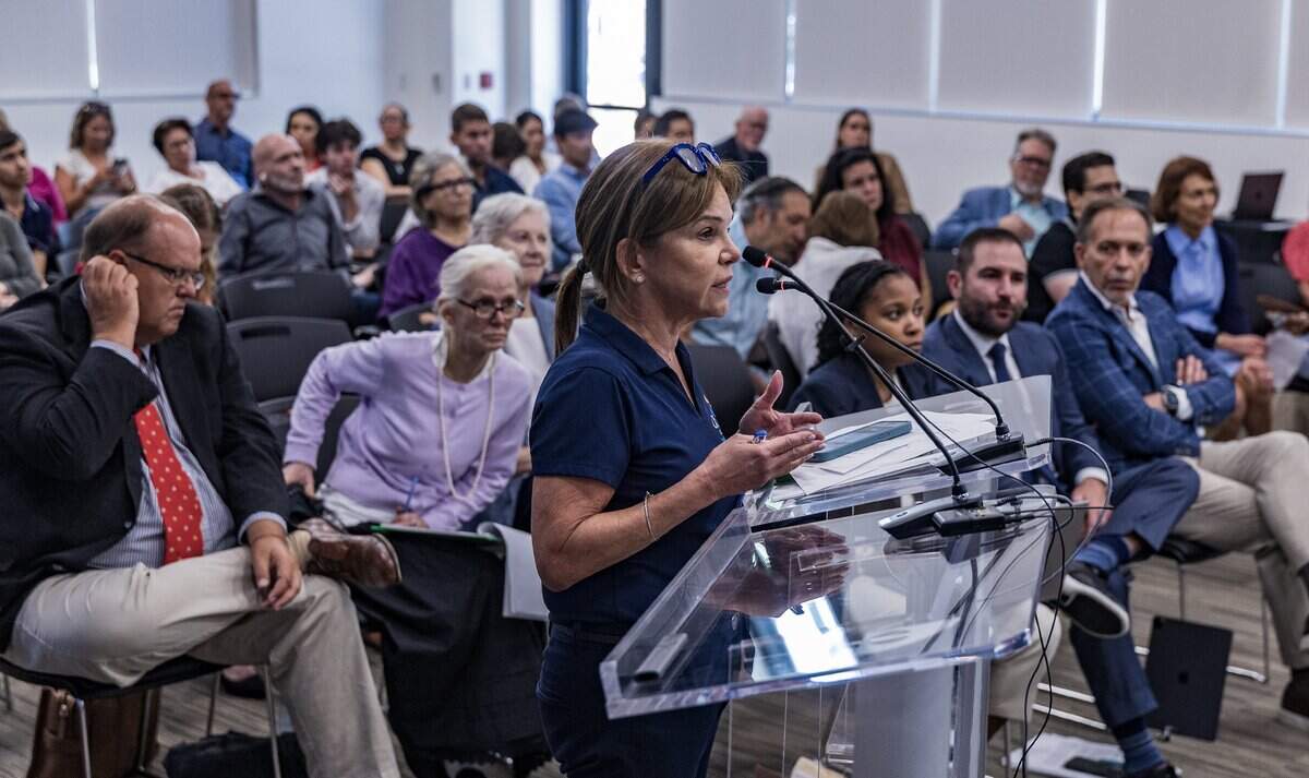 Maria C. Palacio, Chairman of the Crystal Academy speaks in favor during a meeting to discuss items related to the site located 110 Phonetia Avenue, in the Douglas Section in Coral Gables, home of the St. James Evangelical Lutheran Church of Coral Gables and the Crystal Academy, bought by the Century Homebuilders Group in 2021 and sold to Chicago-based Fifield Companies, with plans to develop a project called Crystal, a 9-story mixed-use building,  on Tuesday, July 07, 2026.