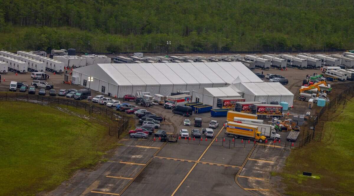 Aerial view of structures including gigantic tents built at the recently opened migrant detention center, “Alligator Alcatraz,” located at the site of the Dade-Collier Training and Transition Airport in Ochopee, Florida on Friday July 04, 2025.