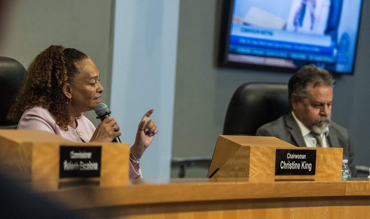 Commissioner Miguel Angel Gabela listens as Chair Woman Christine King speaks during a  Commission meeting chaired by City of Miami Mayor Eileen Higgins, where her $450M bond proposal was discussed, at City Hall, on Thursday July 09, 2026.
