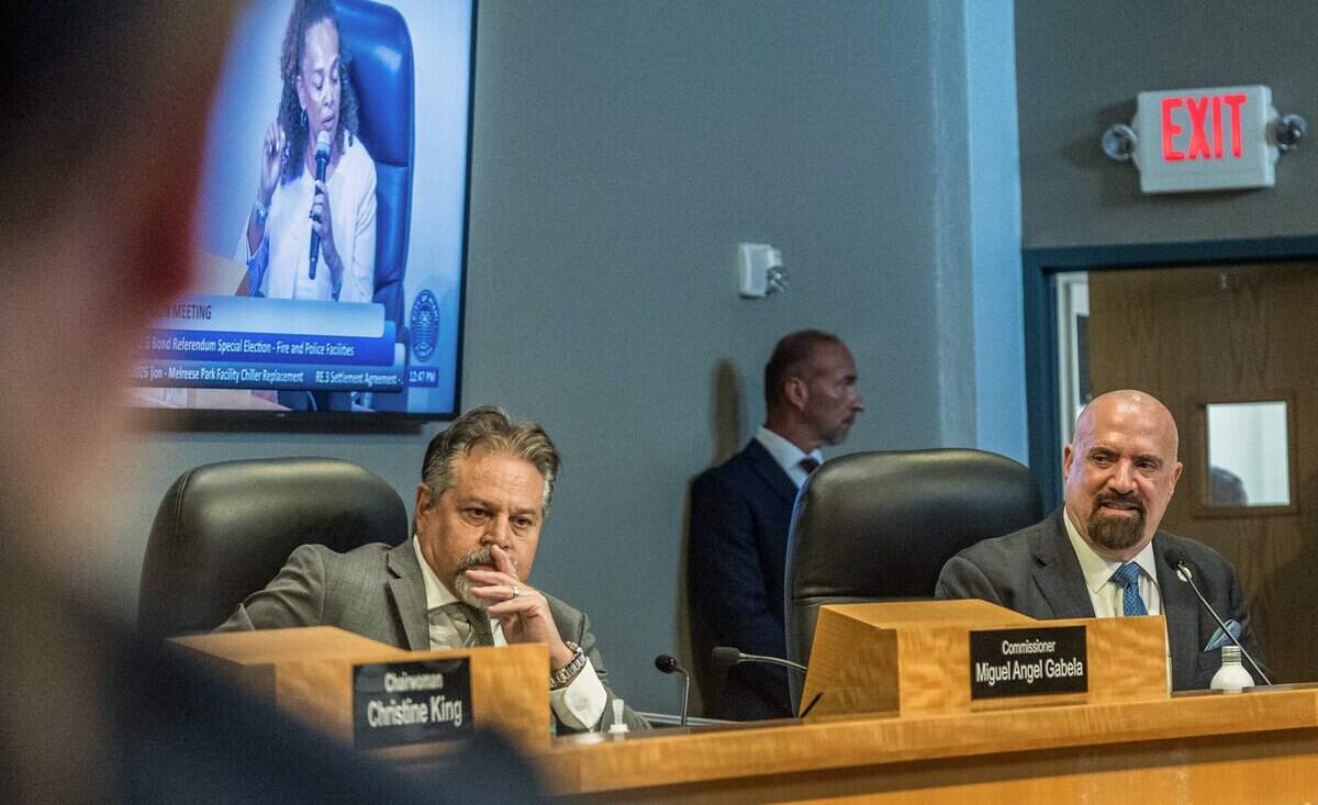 Commissioners Miguel Angel Gabela (left) and Damian Pardo listened as Chair Woman Christine King speaks during a  Commission meeting chaired by City of Miami Mayor Eileen Higgins, where her $450M bond proposal was discussed, at City Hall, on Thursday July 09, 2026.