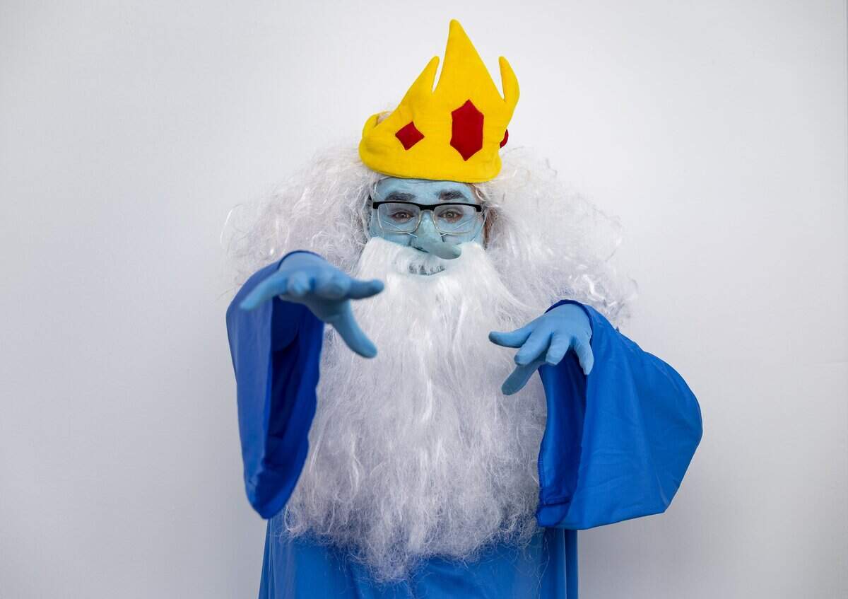Justin Aragon cosplays as Ice King from Adventure Time during Florida Supercon 2026 at the Miami Beach Convention Center on Friday, July 10, 2026, in Miami Beach, Fla.