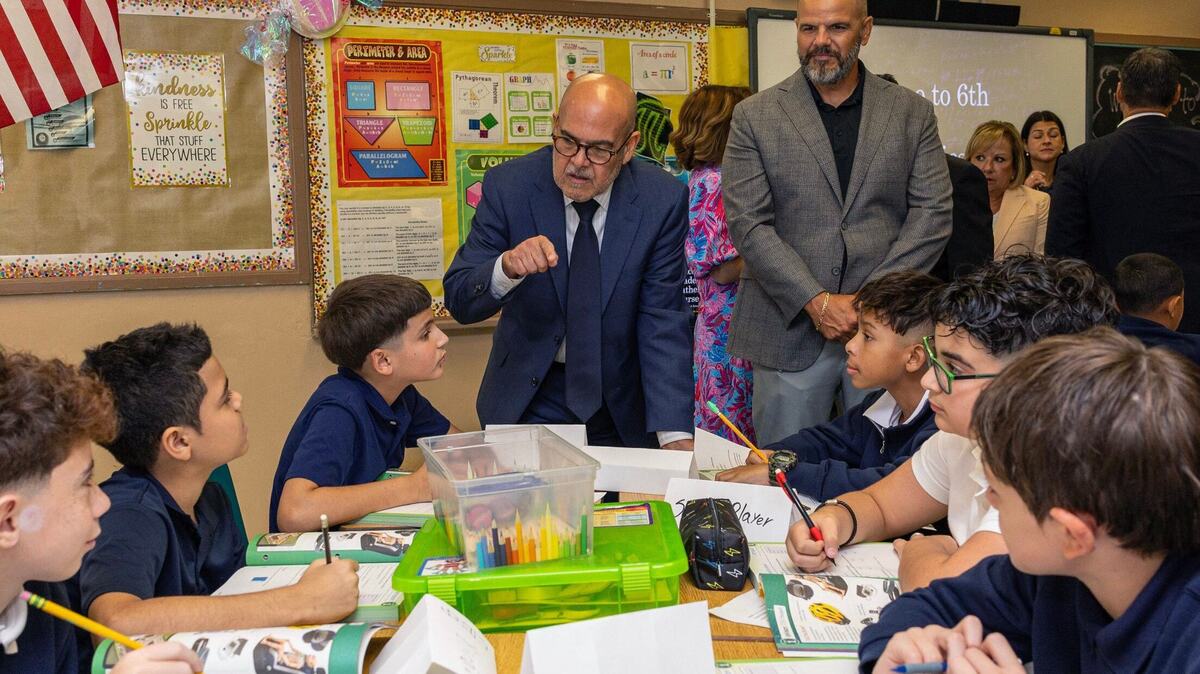 Superintendent of Miami-Dade County Public Schools Jose L. Dotres speaks to students about their schedules during the first day of school at Hialeah Middle School the first day of school. Superintendent of Miami-Dade County Public Schools Jose L. Dotres speaks to students about their schedules during the first day of school at Hialeah Middle School the first day of school.