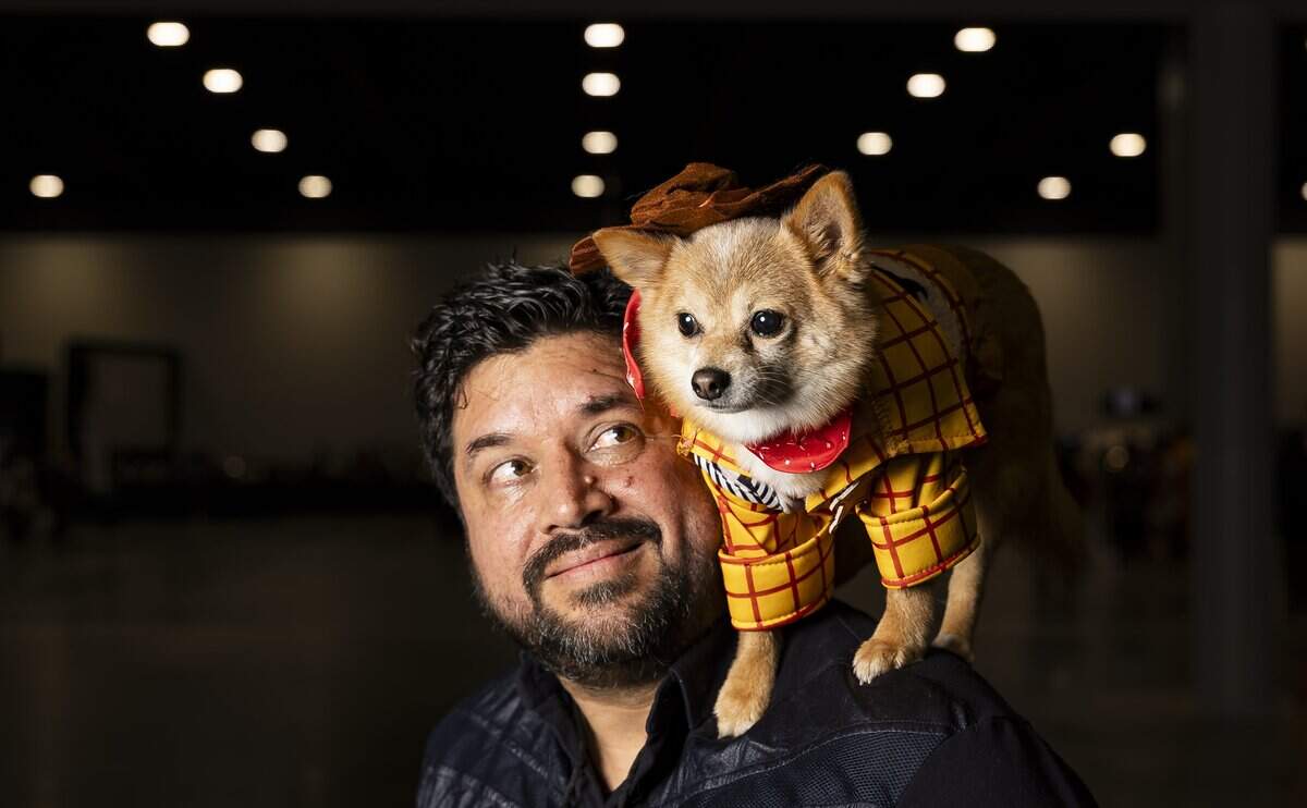 J.D. looks at his Pomeranian-Shiba Inu, Roxy Foxy, who is cosplaying as Woody, during Florida Supercon 2026 at the Miami Beach Convention Center on Friday, July 10, 2026, in Miami Beach, Fla.