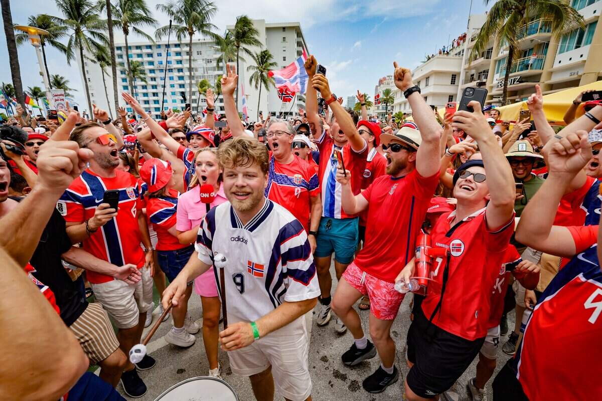 A day before the match against England, Norway fans amp it up as they perform their row chant and celebrate on Ocean Drive in Miami Beach, Florida, on Friday, July 10, 2026.