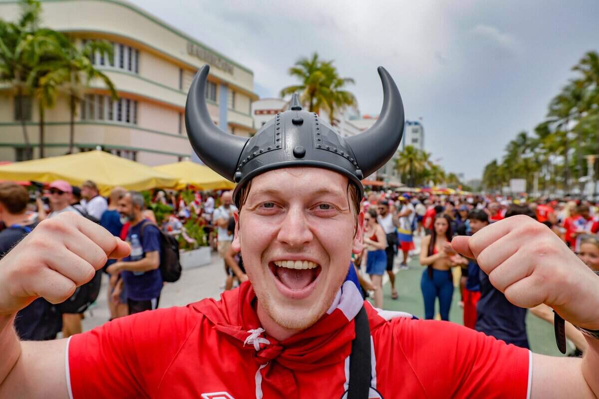 A day before the Norway match against England, Norway fan Sivert Lovendahl Mogstad Eri shows his support along Ocean Drive in Miami Beach, Florida, on Friday, July 10, 2026.