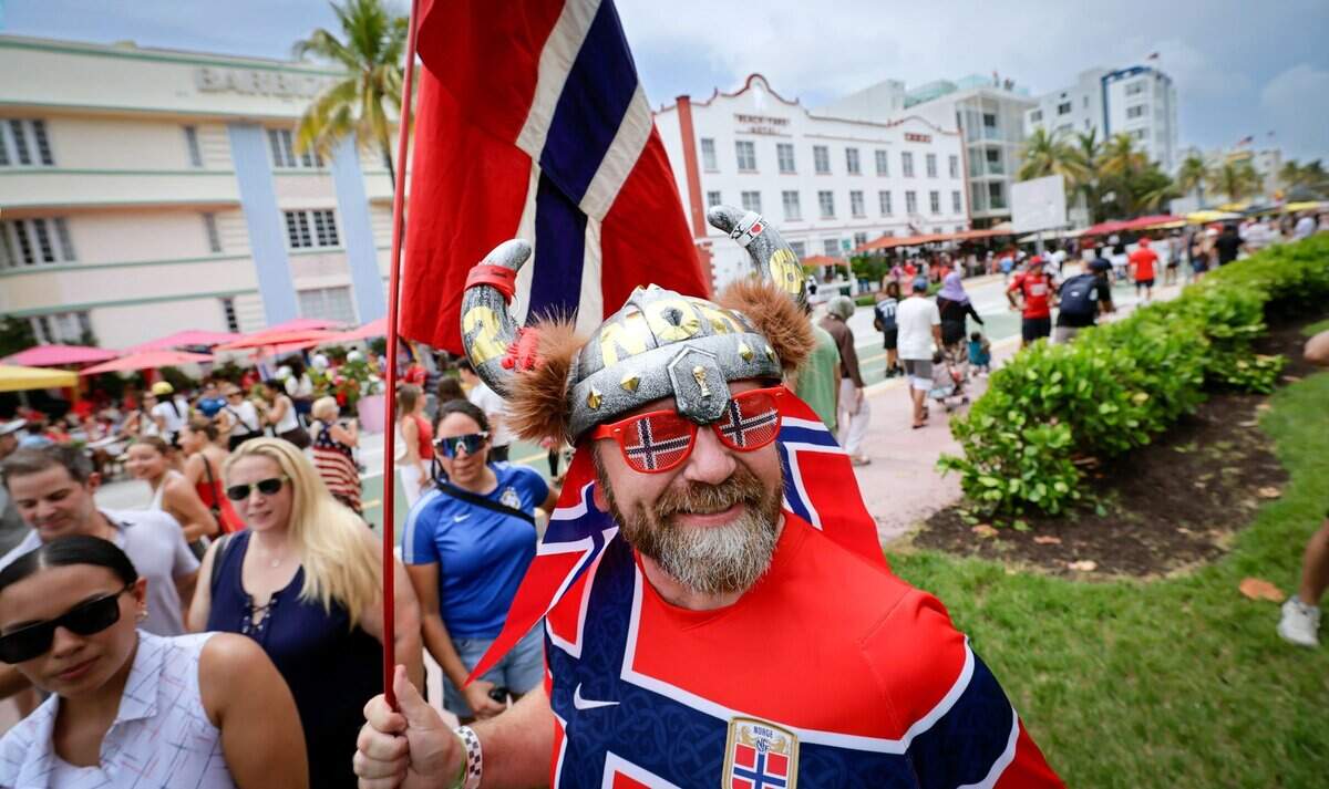 Anders Røberg-Larsen, the district mayor of Grorud, a district in Oslo, Norway, joins soccer fans along Ocean in Miami Beach, Florida, on Friday, July 10, 2026.
