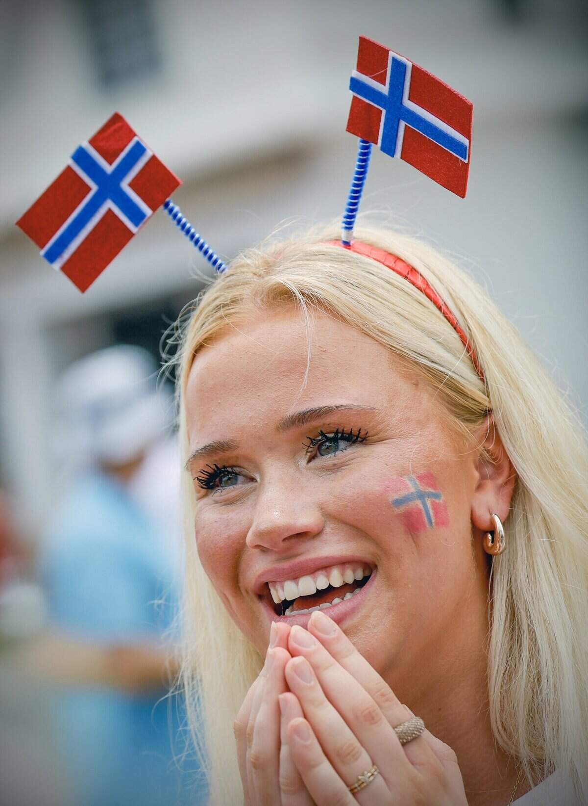 A day before the match against England, Mie Elise Lyngstad Gilstad reacts as Norway fans amp it up as they perform their row chant on Ocean Drive in Miami Beach, Florida, on Friday, July 10, 2026.