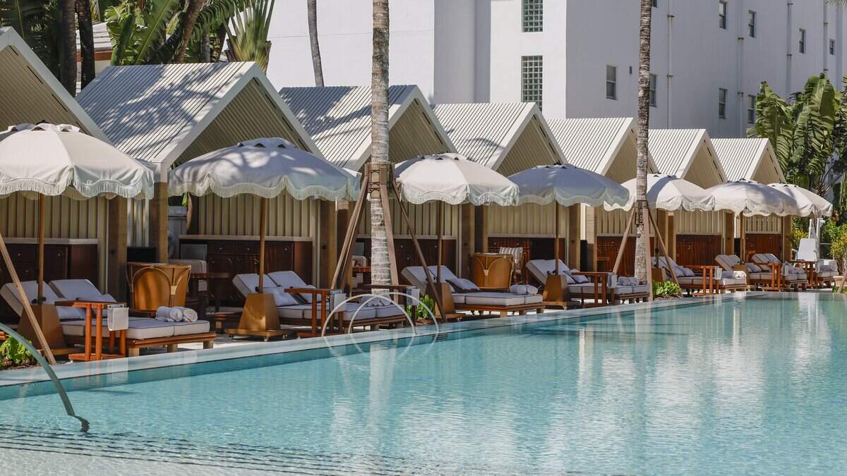 The fully restored Delano Pool area on Tuesday, May 5, 2026. The Delano Miami Beach reopened to the public. The Art Deco hotel, first opened in 1947, was closed in 2020 for restoration.