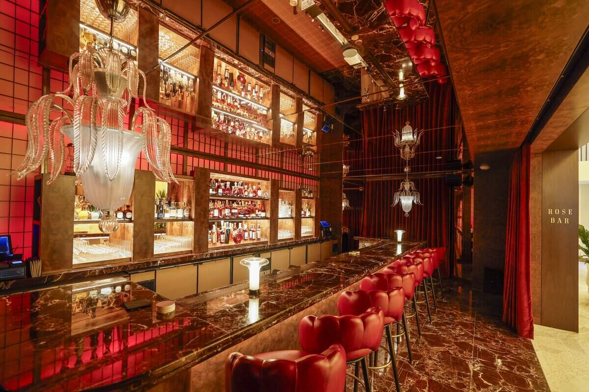 The Rose Bar at the Delano, reimagined including Murano glass Narciso chandeliers that have been fully restored to their original condition and seen on Tuesday, May 5, 2026. The Delano Miami Beach reopened to the public in May. The Art Deco hotel, first opened in 1947, was closed in 2020 for restoration.