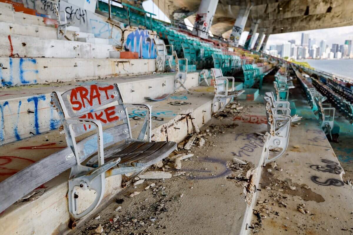 A damaged seating area at Miami Marine Stadium is seen on Tuesday, July 7, 2026. Miami residents are set to vote this August on the future of the iconic stadium.