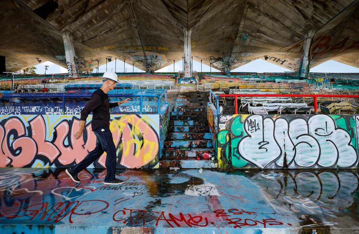 Don Worth, cofounder of Restore Miami Marine Stadium, walks through the stadium on Tuesday, July 7, 2026.