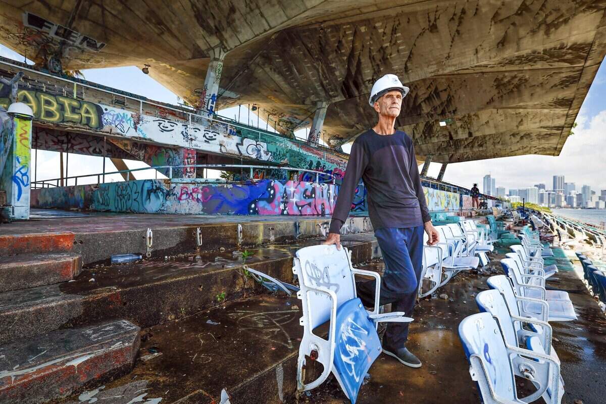 Don Worth, cofounder of Restore Miami Marine Stadium, visits the stadium on Rickenbacker Causeway on Tuesday, July 7, 2026. Miami residents are set to vote this August on the future of the iconic stadium.