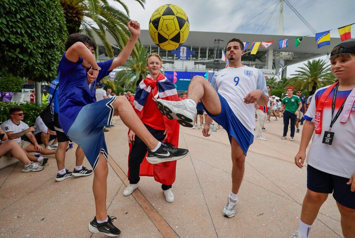 Ran Yamin and Shahar Elnekave kick a soccer ball before the match between Norway and England for the FIFA World Cup 2026 Quarter Final soccer match at Hard Rock Stadium (Miami Stadium) on Saturday, July 11, 2026 in Miami Gardens, Fla.