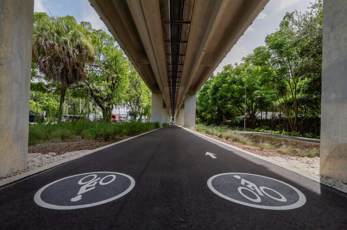 The bike trail seen along Segment 9 of The Underline at the southernmost 7.36-mile phase that extends from SW 65th Avenue to the Dadeland South Metrorail station on Tuesday, July 14, 2026 in Miami, Florida.
