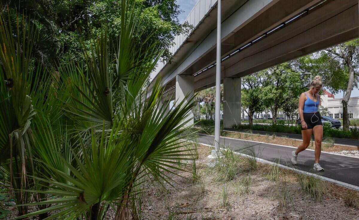 A pedestrian walks the trail seen along Segment 9 of The Underline at the southernmost 7.36-mile phase that extends from SW 65th Avenue to the Dadeland South Metrorail station on Tuesday, July 14, 2026 in Miami, Florida.