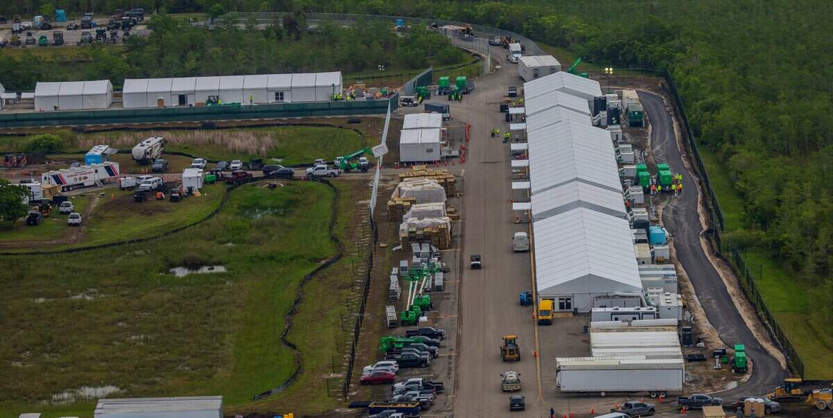 Aerial view of structures including gigantic tents built at the recently opened migrant detention center, “Alligator Alcatraz,” located at the site of the Dade-Collier Training and Transition Airport in Ochopee, Florida on Friday July 04, 2025.