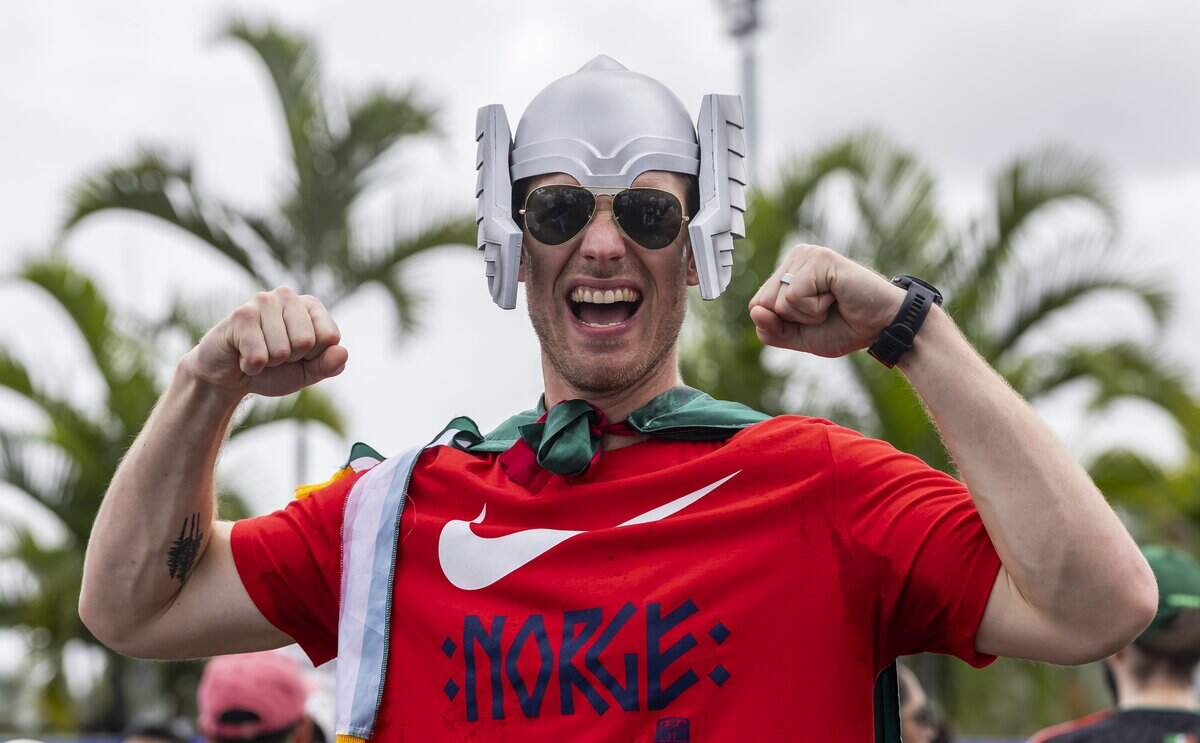 Norway fan Justin Outslay cheers as he arrives to watch his team play against England in a FIFA World Cup 2026 Quarter Final soccer match at Hard Rock Stadium (Miami Stadium) on Saturday, July 11, 2026 in Miami Gardens, Fla.
